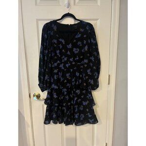 Halogen Black & Blue Floral Long Sleeve Tiered Ruffle Mini Dress M